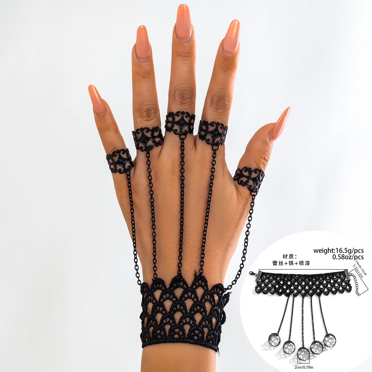 Gothic Style Geometric Pendant Finger Bracelet with Tassel and Chain Detail for Women