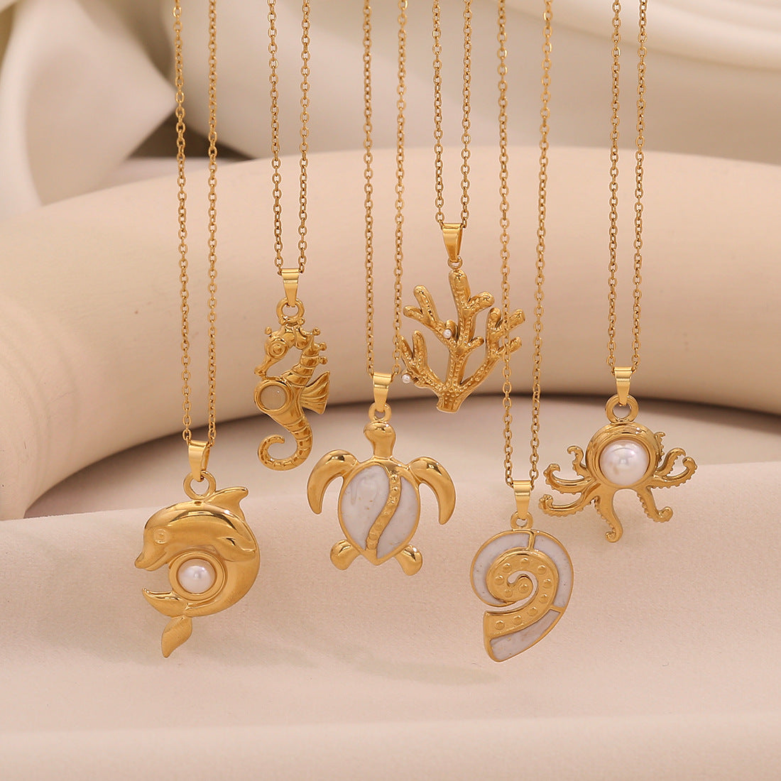 Playful Ocean Animal Pendant Necklace in Stainless Steel with Plating Finish, Turtle Seahorse Dolphin Shell Design on O-Chain for Women