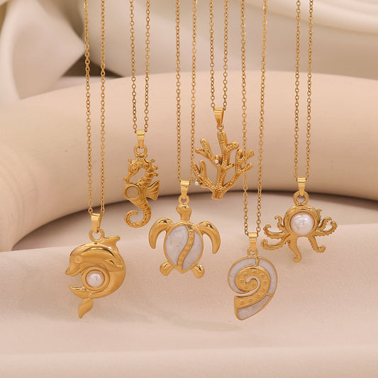 Playful Ocean Animal Pendant Necklace in Stainless Steel with Plating Finish, Turtle Seahorse Dolphin Shell Design on O-Chain for Women