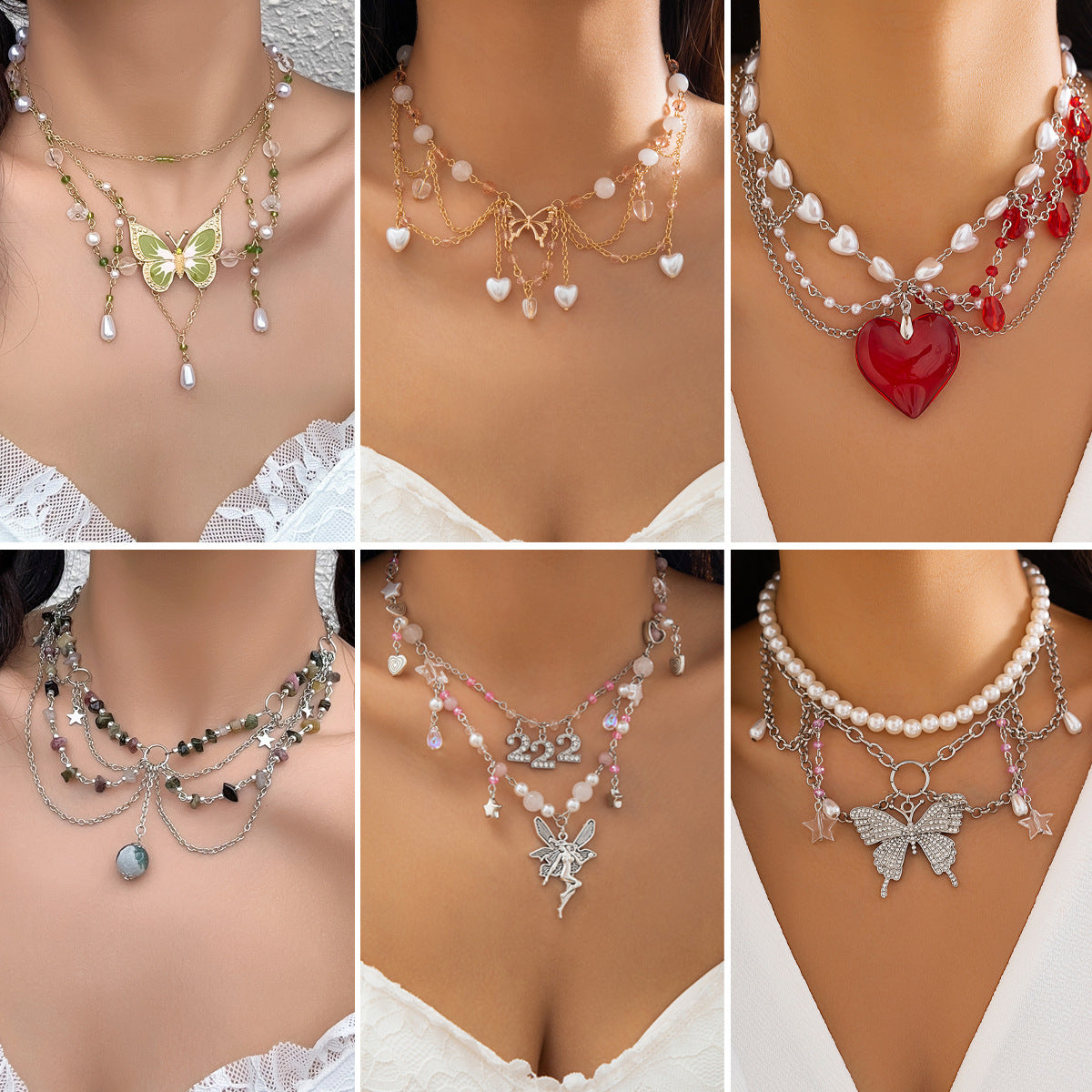 Sweet Y2K Butterfly Crystal & Faux Pearl Plated Snake Chain Choker Necklace for Women