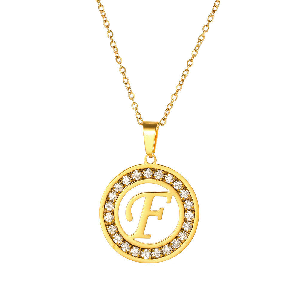 Minimalist Gold Plated Round Letter Rhinestone Inlay Pendant Necklace Titanium Steel Cable Chain