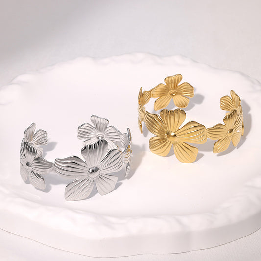 Vintage Minimalist Floral Plated Stainless Steel Titanium Steel Wide Open Cuff Bracelet for Women