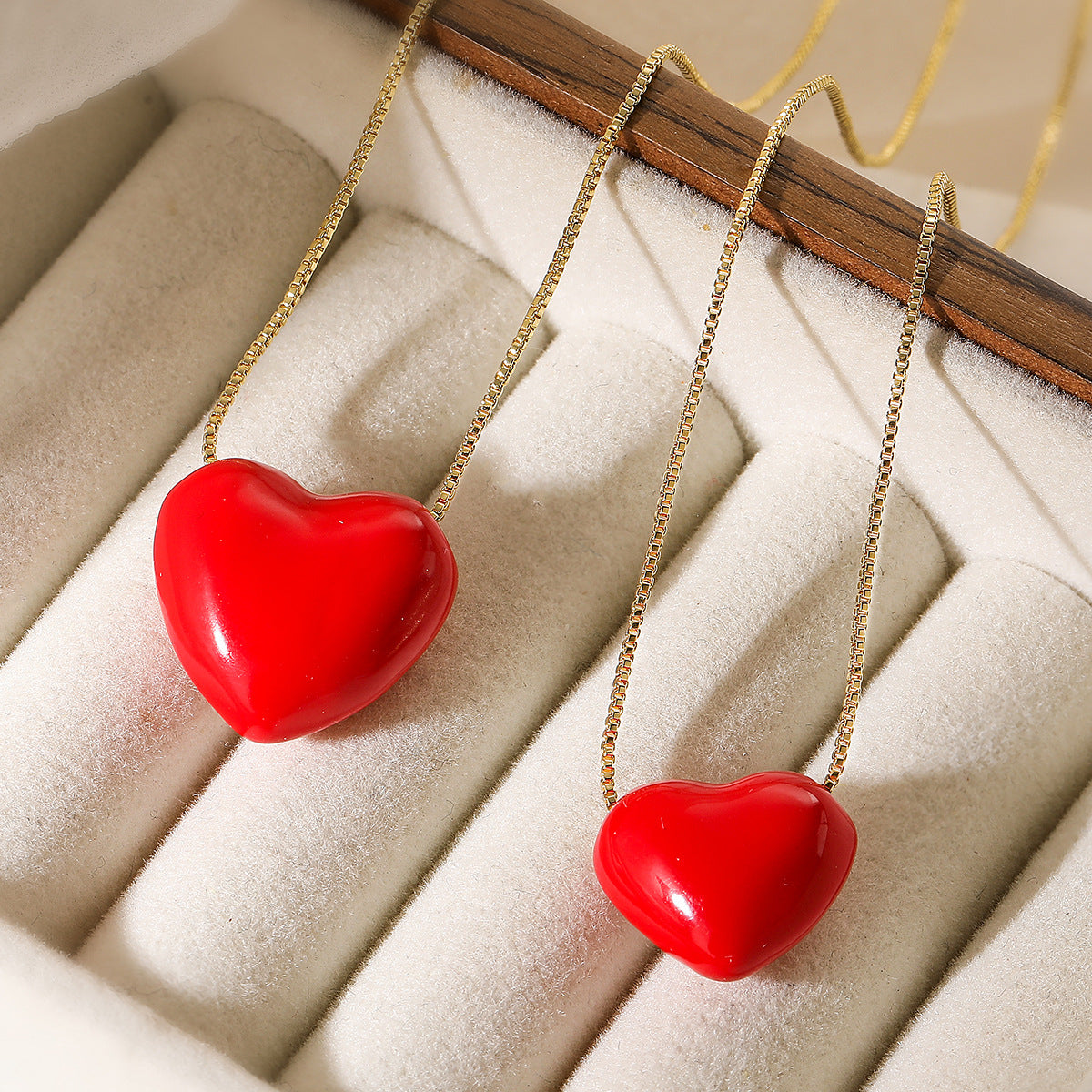 Minimalist Red Enamel Heart Pendant Necklace for Women with Copper Chain