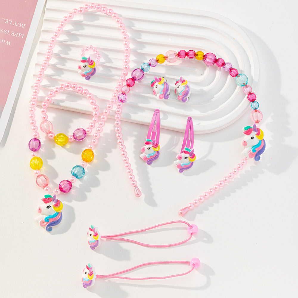 Set di collane con ciondolo unicorno a fumetti per bambini, gioielli a forma di animale in resina plastica con catena di perline rotonde, accessorio da spiaggia estivo