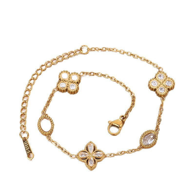 Set collana e bracciale da donna minimalista elegante placcato oro 18K in acciaio inossidabile con strass, motivo floreale geometrico rotondo e quadrato