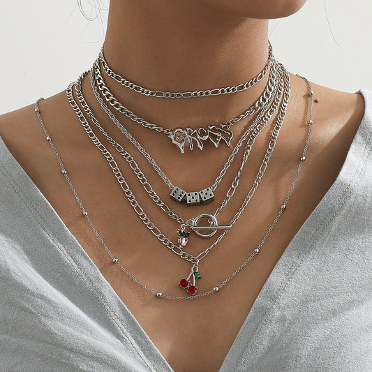 Juego de collar con cadena cruzada de aleación geométrica con letras minimalistas e incrustaciones de cereza para mujer