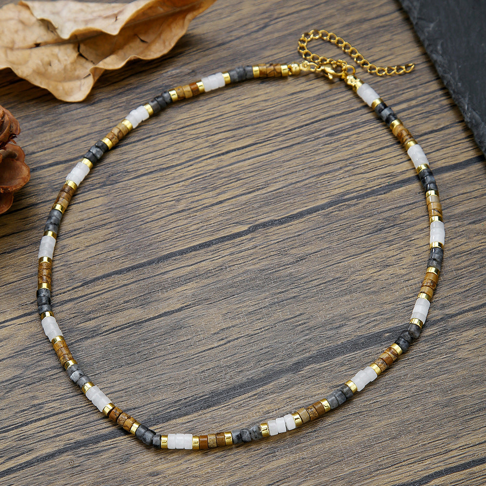 Bohemian Minimalist Round Geometric Wood Bead Necklace with Cubic Zirconia Pendant Ball Chain Unisex Jewelry