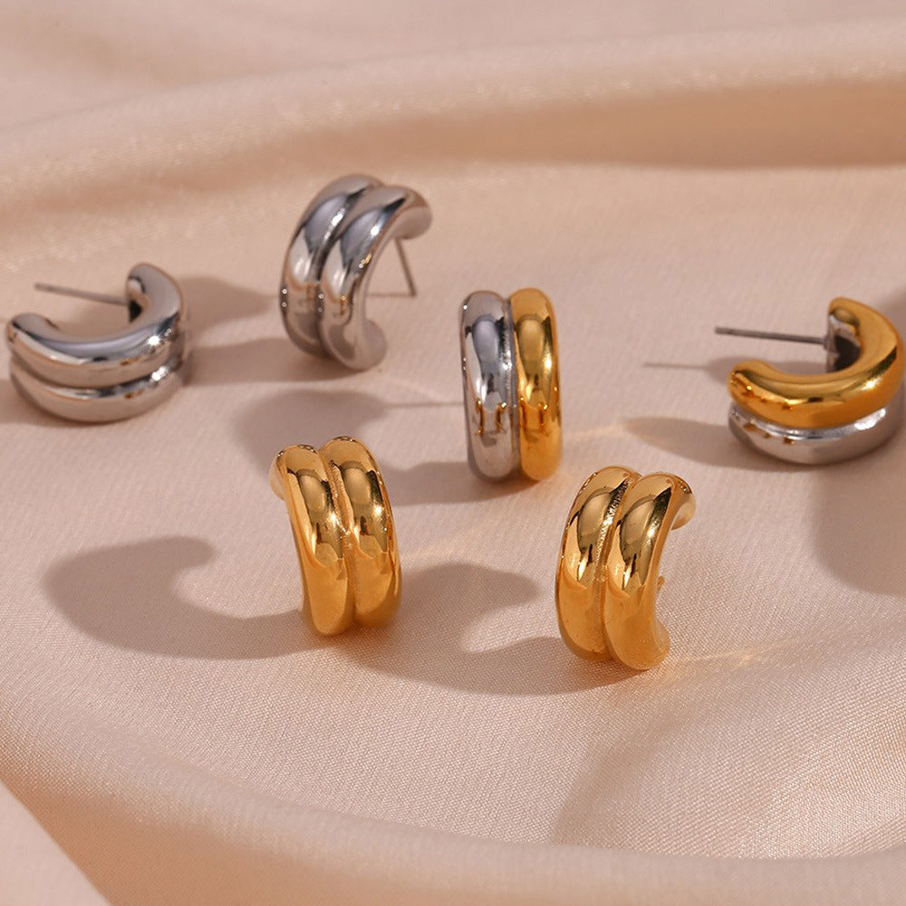 Pendientes de Aro en Forma de C Minimalistas Geométricos de Acero Inoxidable con Baño para Mujer