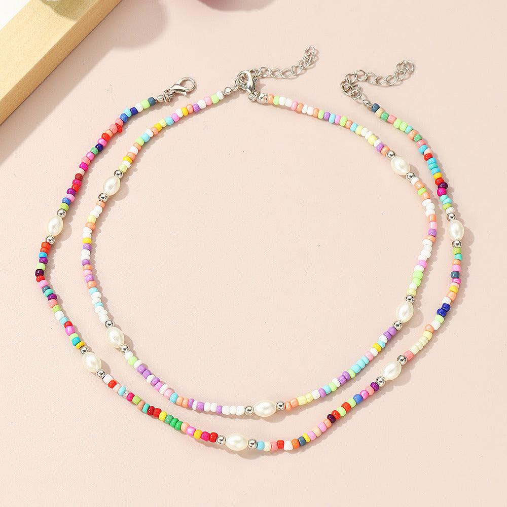 Collar Minimalista Geométrico de Doble Capa para Niñas Hecho de Cristal y Acrílico con Cadena de Bolas Redondas