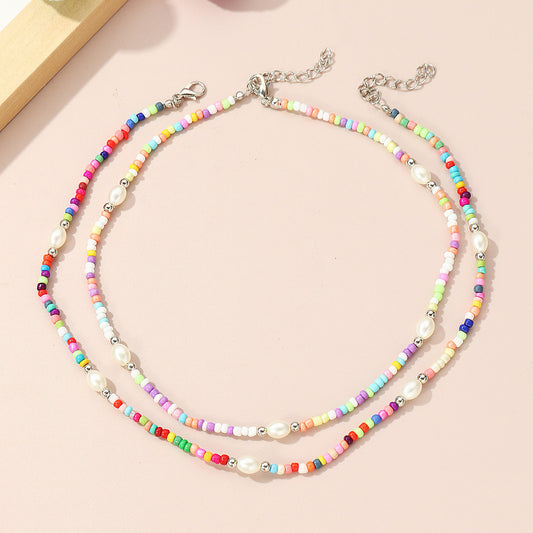 Collar Minimalista Geométrico de Doble Capa para Niñas Hecho de Cristal y Acrílico con Cadena de Bolas Redondas