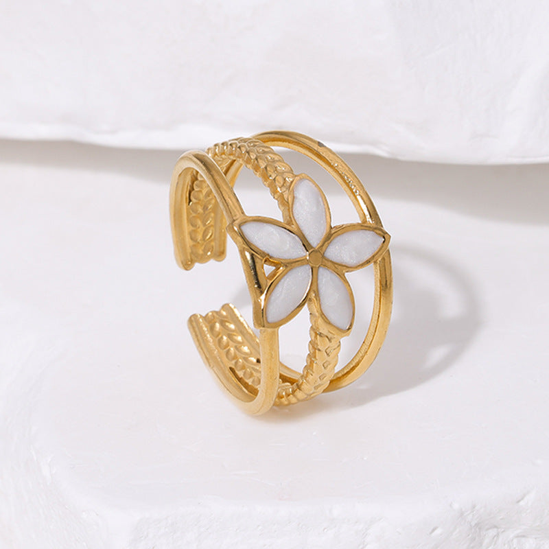 Minimalist Vintage Floral Enamel Titanium Steel Open Ring for Women with Plated Finish