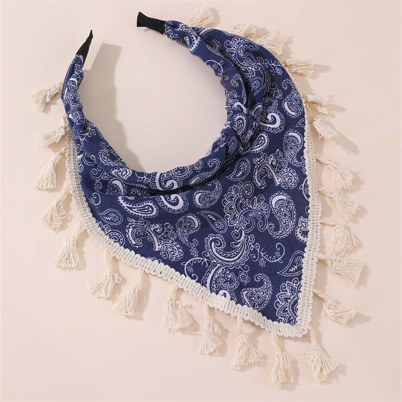 Bohemian Floral Print Headband for Kids with Lace Trim and Tassel Accents in Fabric Material