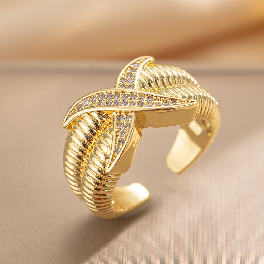 Luxury Minimalist Adjustable Open Ring for Women with Gold-Plated Copper Band and Zircon Stone Accent in Heart and Floral Shape