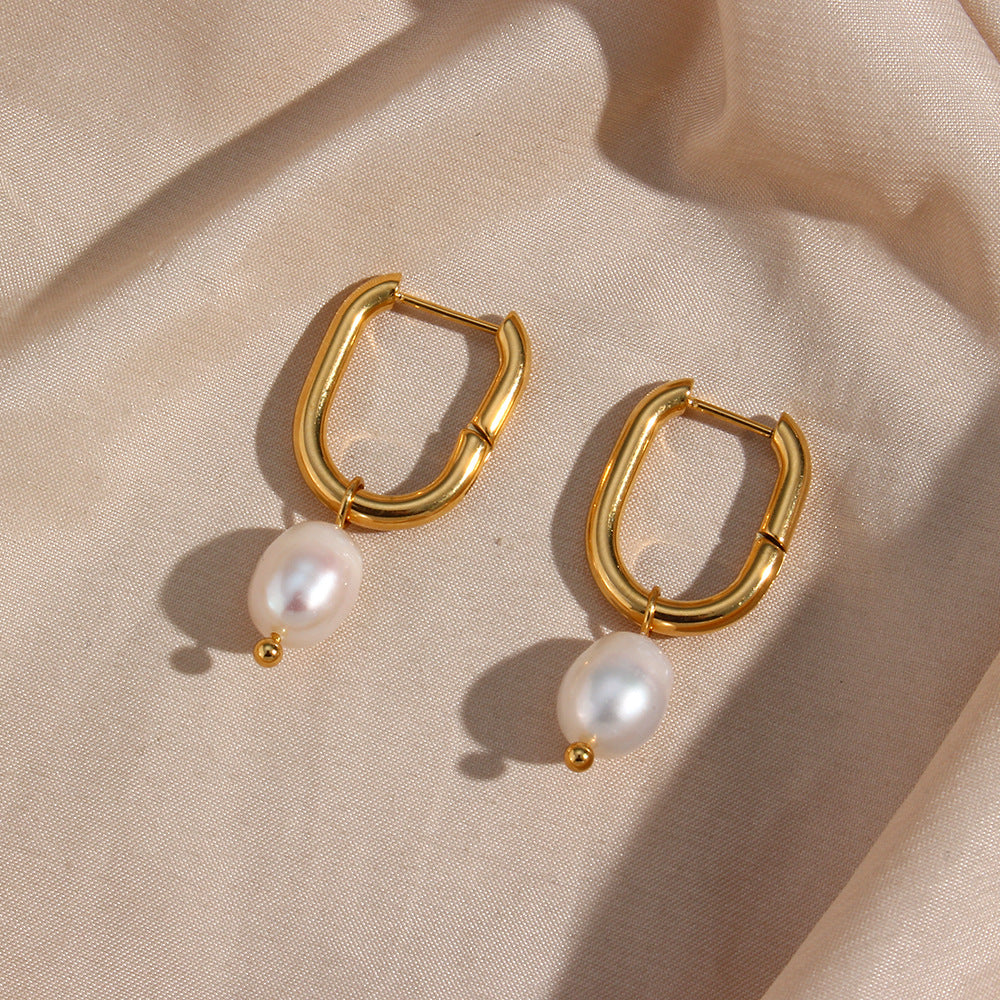 Fashion OL Geometric U-Shaped Stainless Steel 18K Gold Plated Hoop Earrings with Pearl Pendant for Women