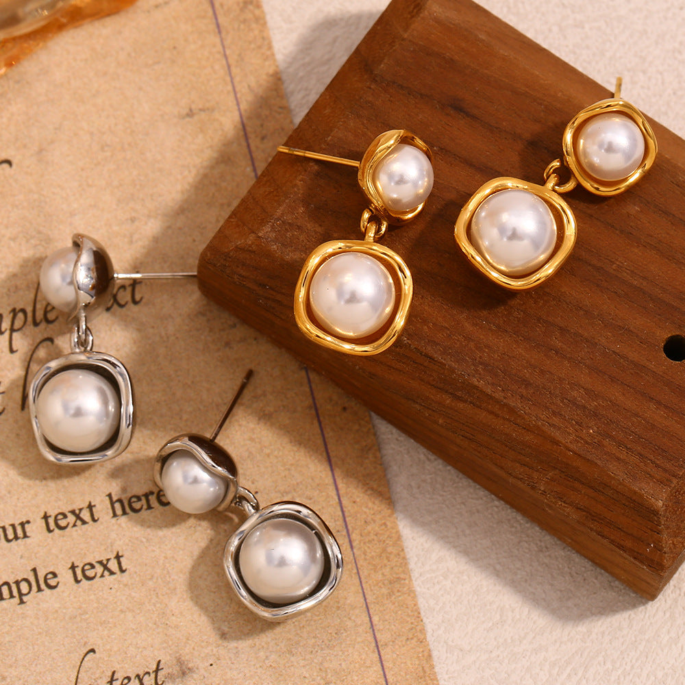Minimalist Geometric Stainless Steel Earrings with 18K Gold Plating and Mixed-Size Pearls for Women