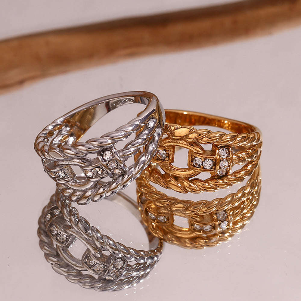 Creative Geometric Stainless Steel Ring with 18K Gold Plating, Rhinestone Inlay, Twisted Hollow Design for Women