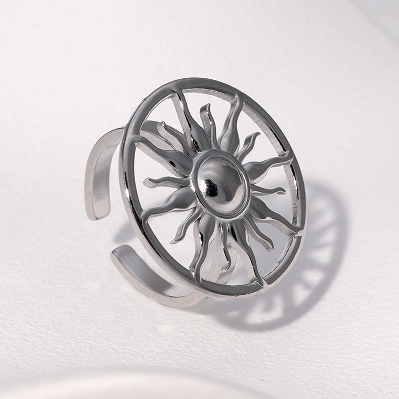 Minimalist Sun-Shaped Stainless Steel Ring with Gold Plating for Women, Geometric Open-Style Luxury Accessory