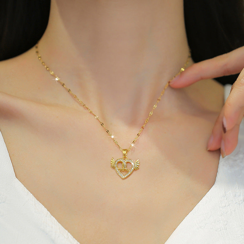 Collana Minimalista con Ciondolo Cuore Angelo da Donna in Acciaio al Titanio con Finitura Placcata, Delicata Catena per Clavicole