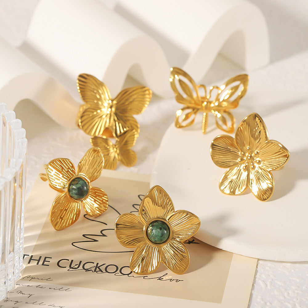 Floral Butterfly Shaped Stainless Steel Ring with 18K Gold Plating and Turquoise Inlay for Women