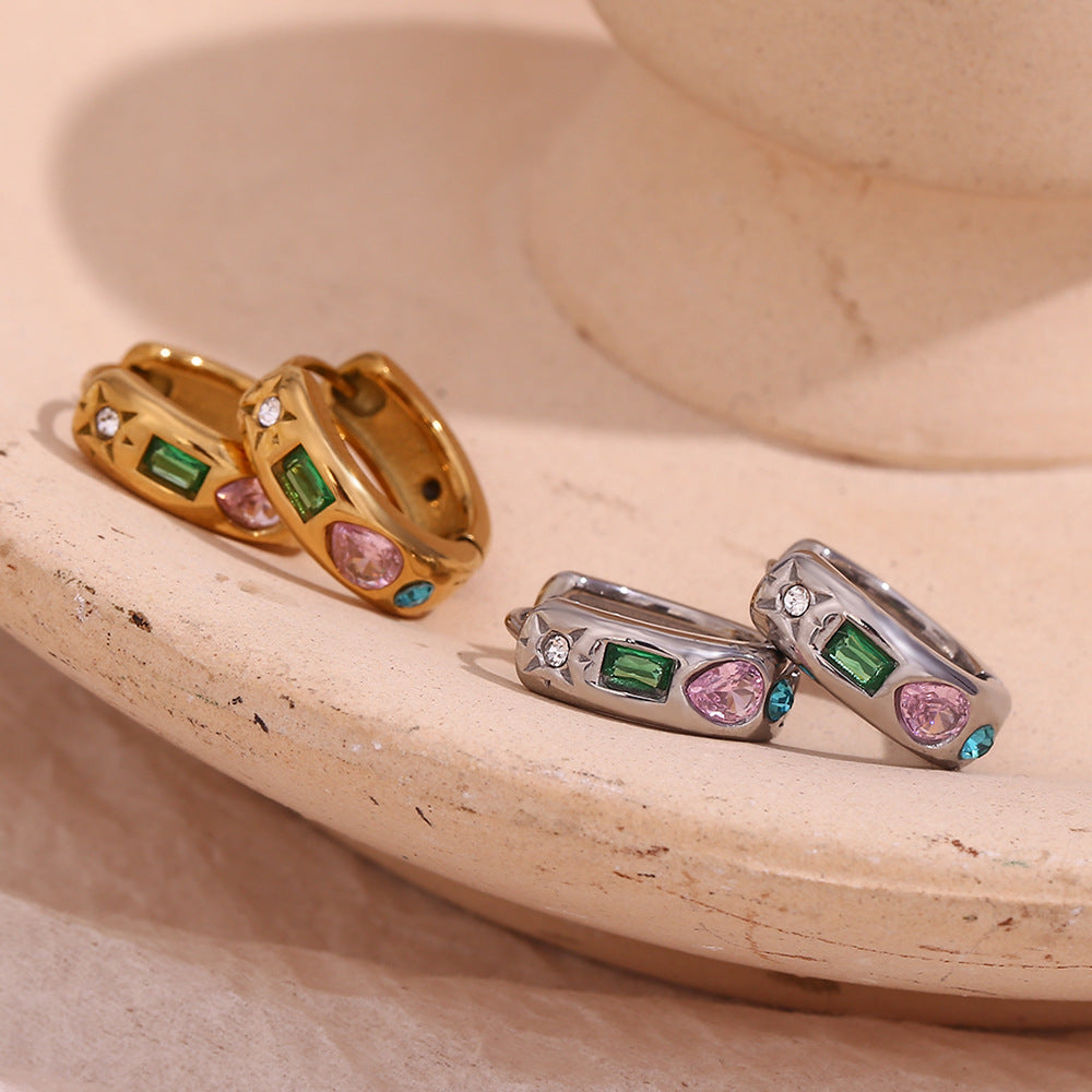 Orecchini geometrici in acciaio inossidabile placcati oro 18 carati con zirconi a goccia micro-incastonati da donna