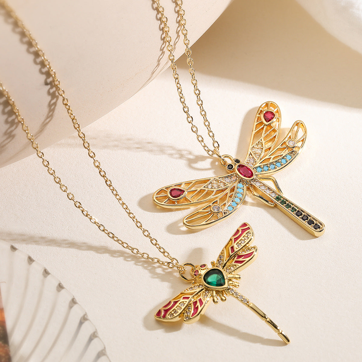Minimalist 18K Gold Plated Brass Drip Oil Dragonfly Pendant Necklace with Cubic Zirconia for Women