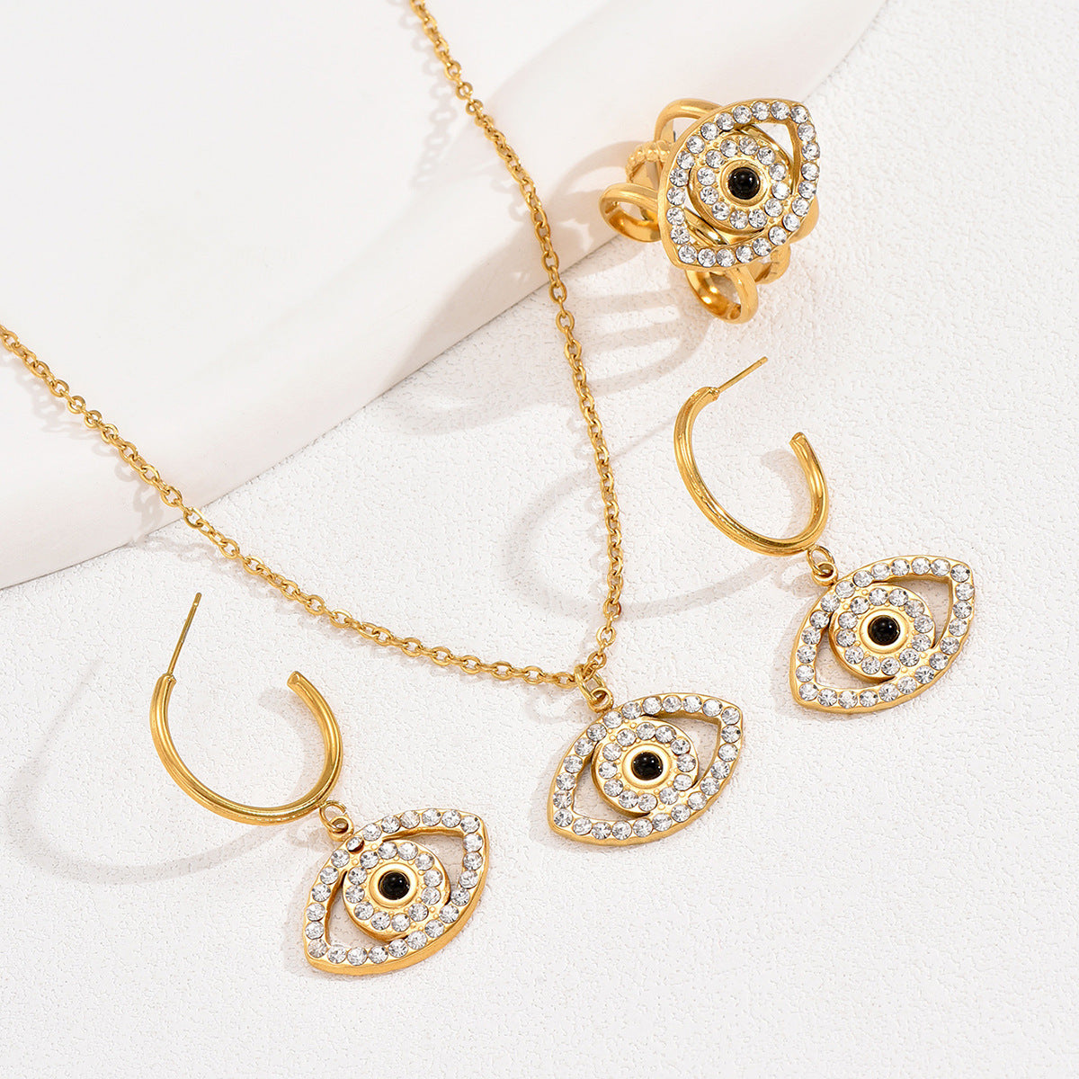 Fashionable Evil Eye Pendant Necklace Set with Zircon Inlay in Alloy for Women Including Earrings Ring and Bracelet