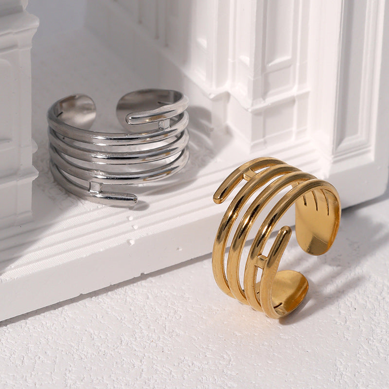 Anello Aperto Regolabile in Acciaio Inossidabile Geometrico Minimalista con Finitura Placcata per Donna