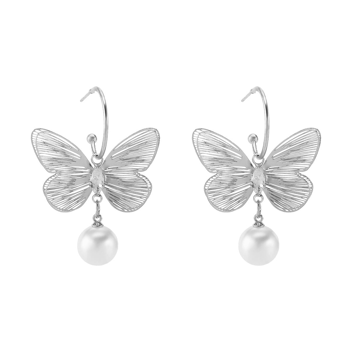 Orecchini a perla eleganti a forma di farfalla da donna con finitura in metallo placcato, gioielli di moda dallo stile lussuoso e leggero