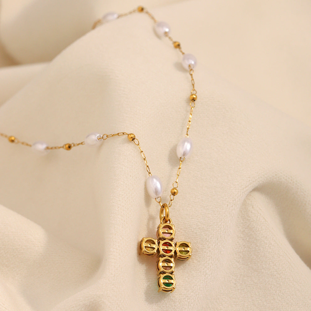 Elegant Minimalist Cross Pendant Necklace for Women Stainless Steel with 18K Gold Plating and Colorful Zircon Accents