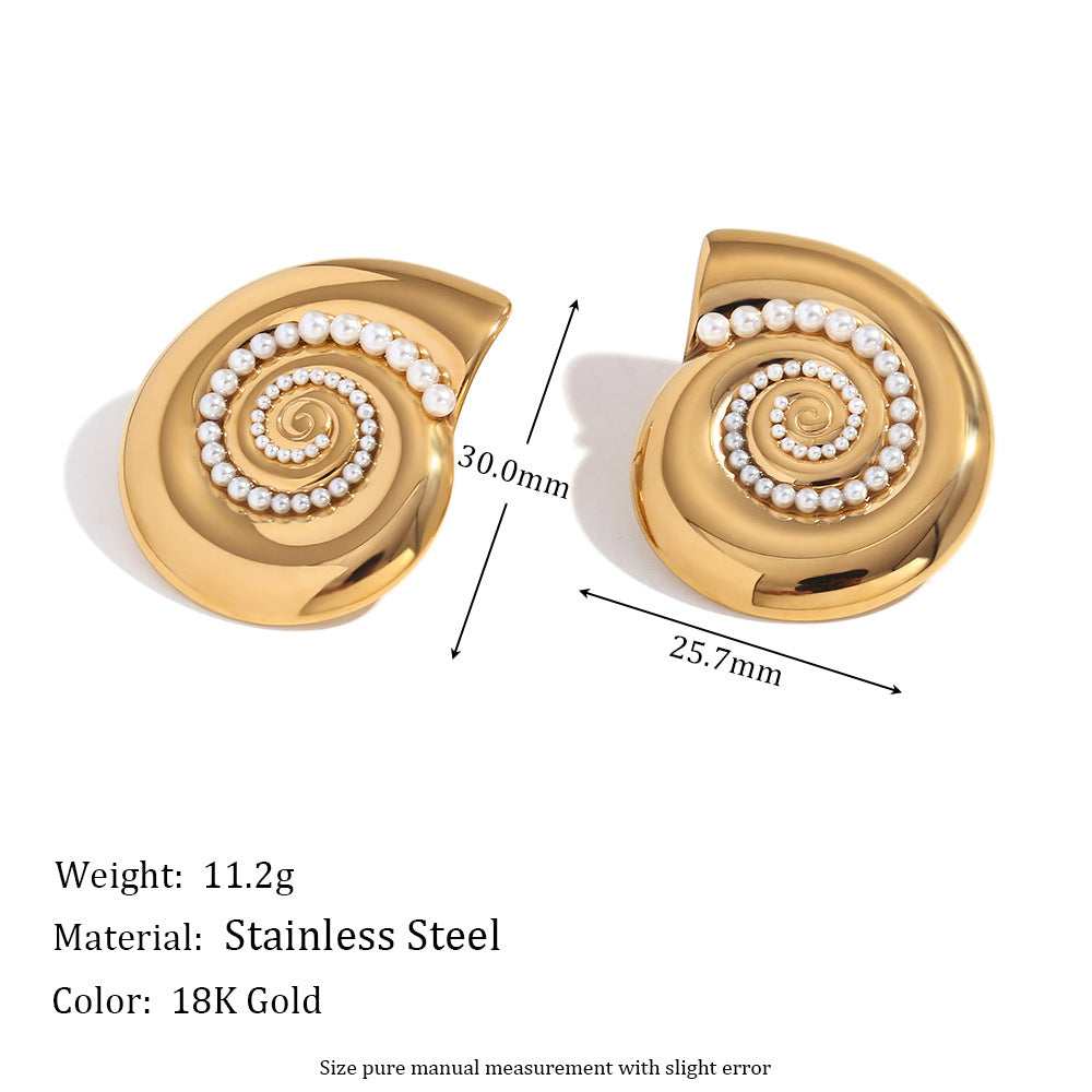 Geometric Irregular Fashion Earrings in Stainless Steel with 18K Gold Plating Featuring Spiral Seashell Design and Simulated Pearl Accents