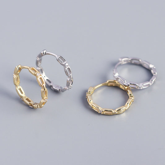 Elegant 925 Sterling Silver Geometric Round Rhinestone Inlay Hollow Hoop Earrings