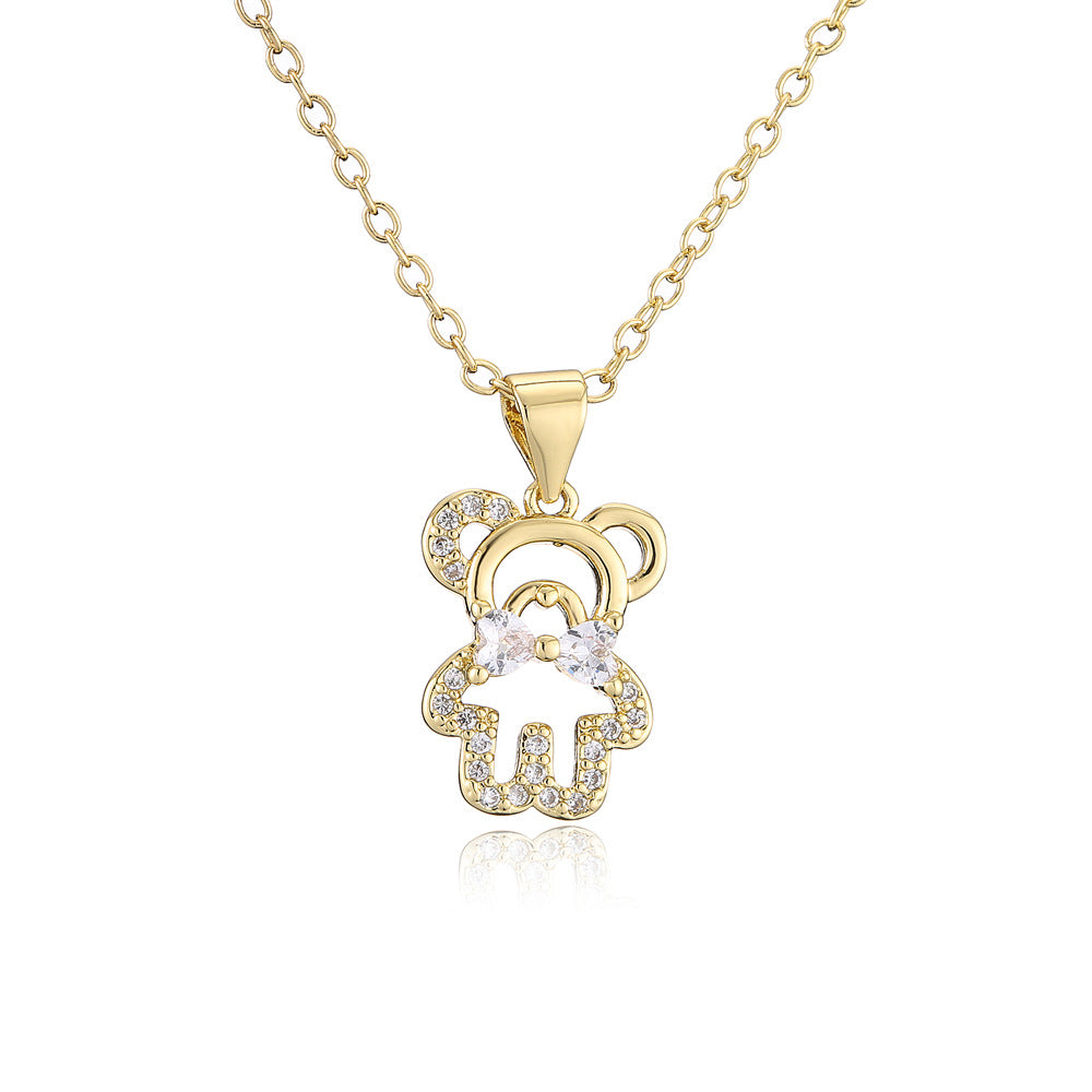 Minimalist Hollow Bear Pendant Necklace in Copper with 18K Gold Plating and Zircon Inlay