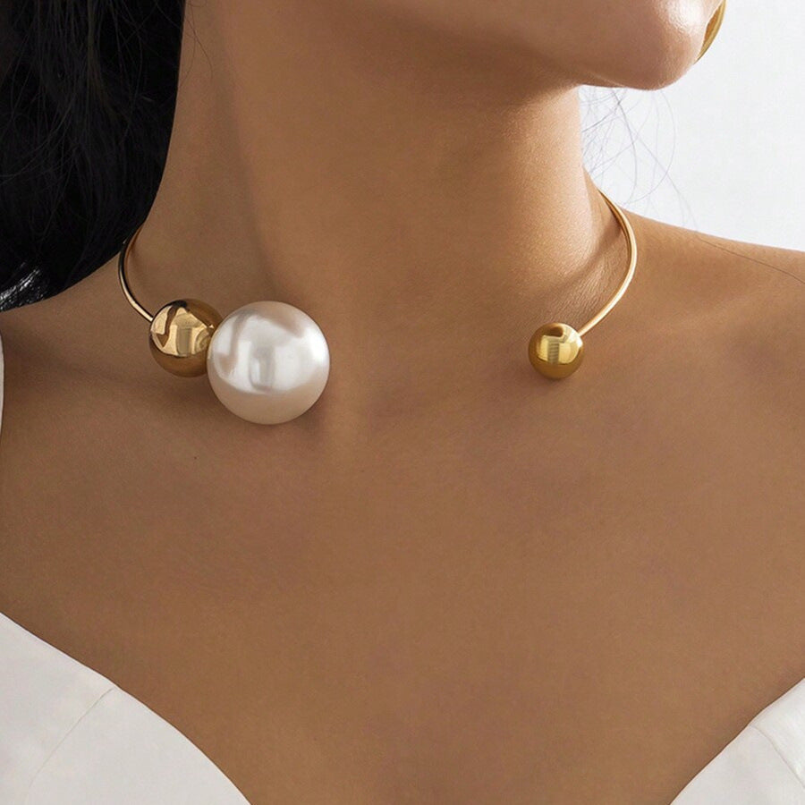 Collar de Aleación Geométrico Minimalista con Incrustación de Perlas para Mujer, Elegante Cadena para la Clavícula
