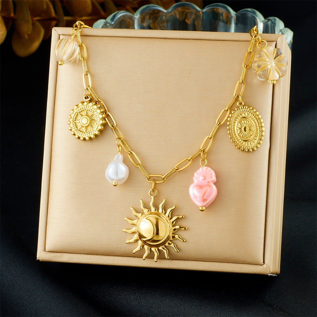 Vintage Elegant Stainless Steel Plated Round Heart Star Moon Pendant Necklace and Bracelet Set for Women with Curb Chain