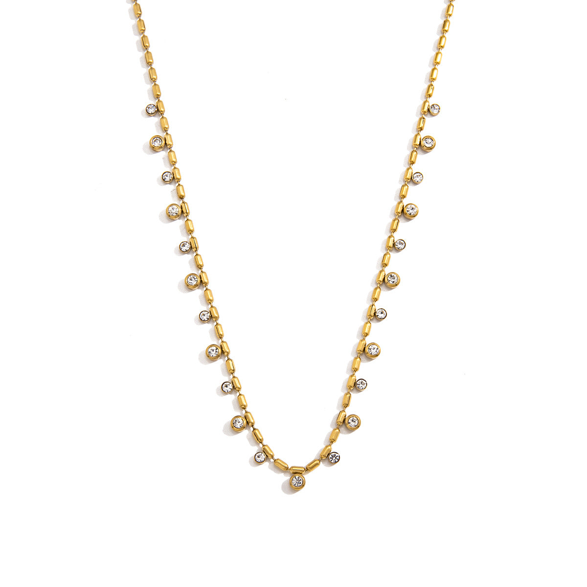 Minimalist Geometric Round Rhinestone Stainless Steel Ball Chain Necklace for Women
