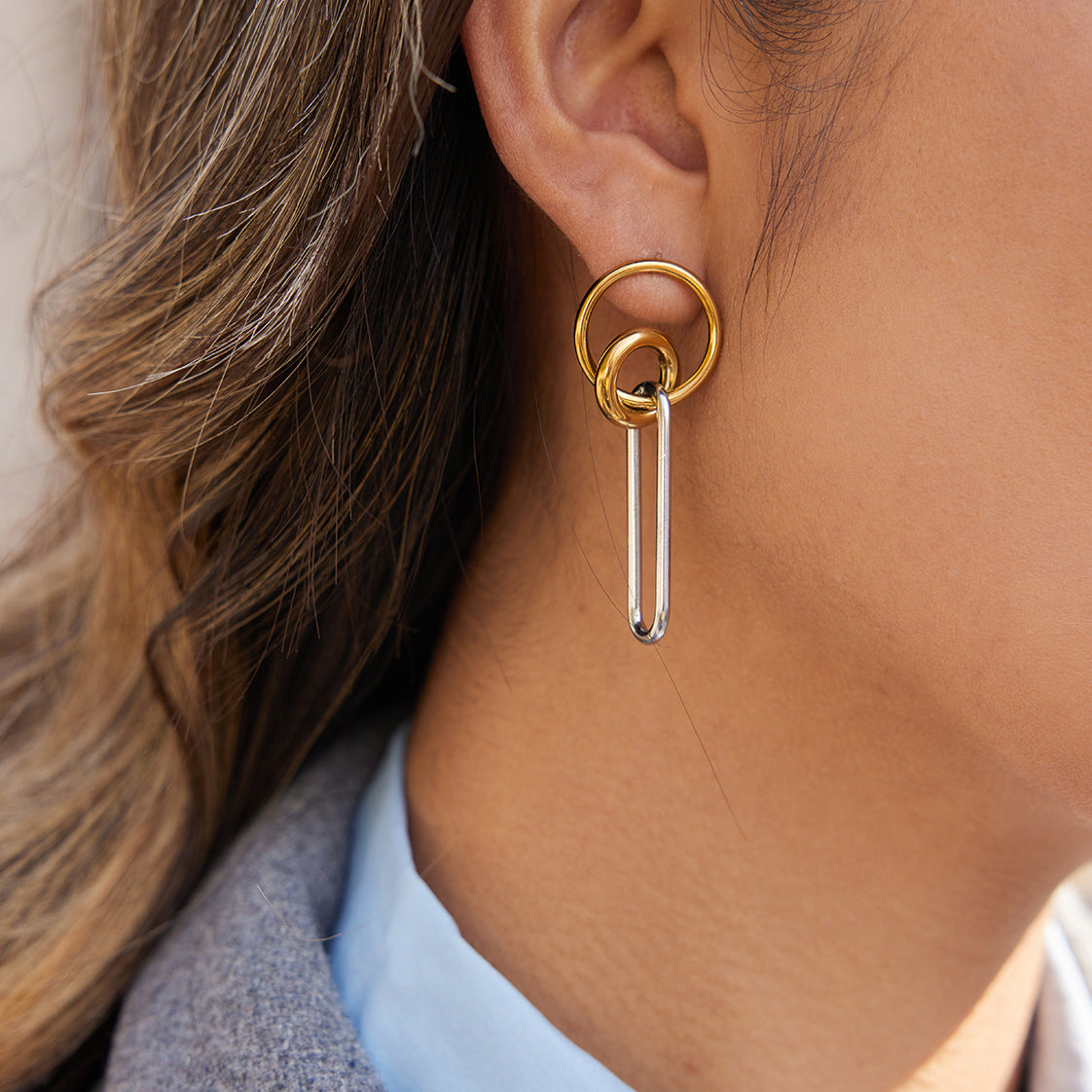 Elegant Minimalist Geometric Oval Stainless Steel 18K Gold Plated PVD Earrings for Women