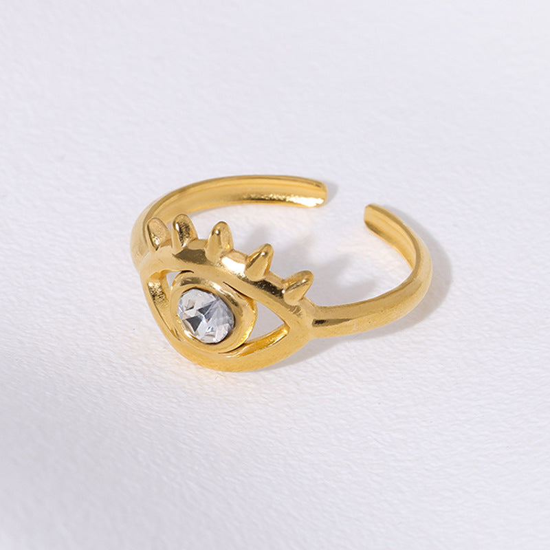 Anello da donna in acciaio inossidabile, minimalista e alla moda, aperto, con occhio accentato da strass