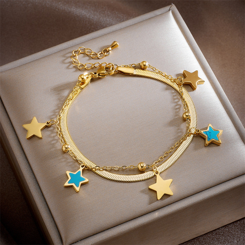 Minimalist Vintage-Inspired Double-Layer Bracelet with Stainless Steel Chain, Pearl Round Pendants, Star and Butterfly Charms
