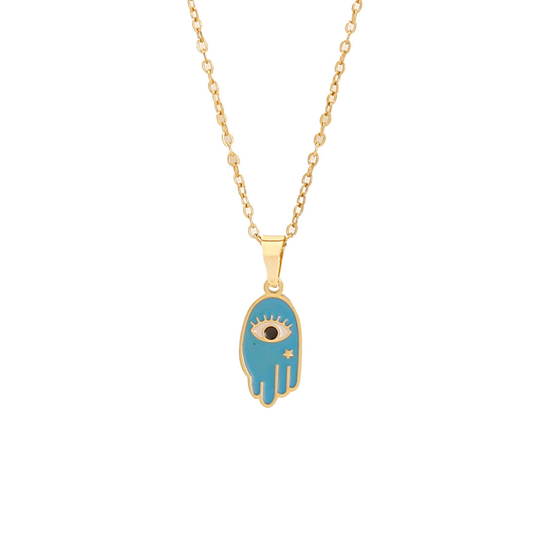Minimalist Blue Enamel Eye Pendant Necklace with Hand Charm in Stainless Steel