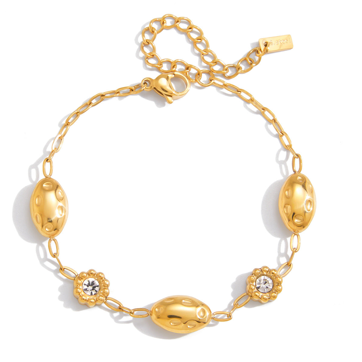 Bracciale da donna in acciaio inossidabile con motivo geometrico floreale, placcatura in oro 18 carati e intarsi in strass