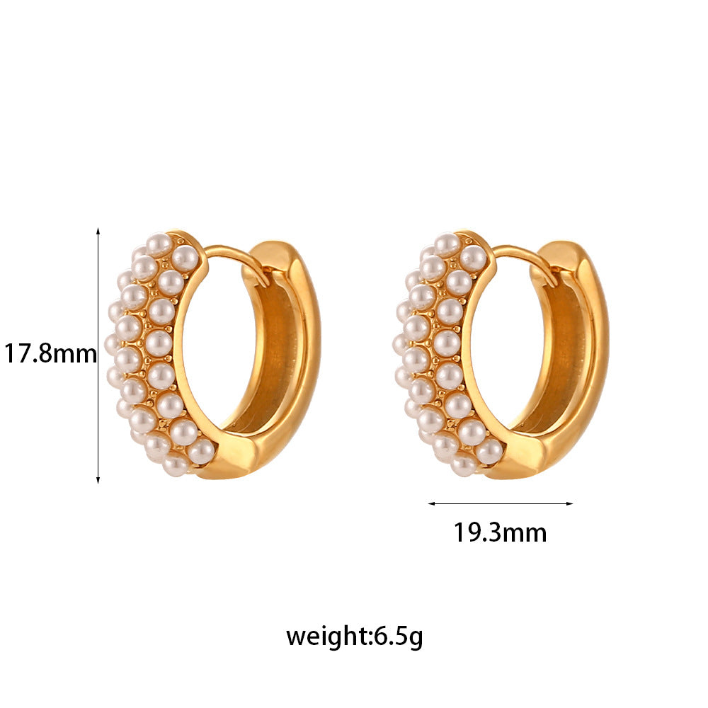 Pendientes de aro redondos geométricos con perlas, de lujo minimalista, de acero inoxidable chapado en oro de 18 quilates para mujer