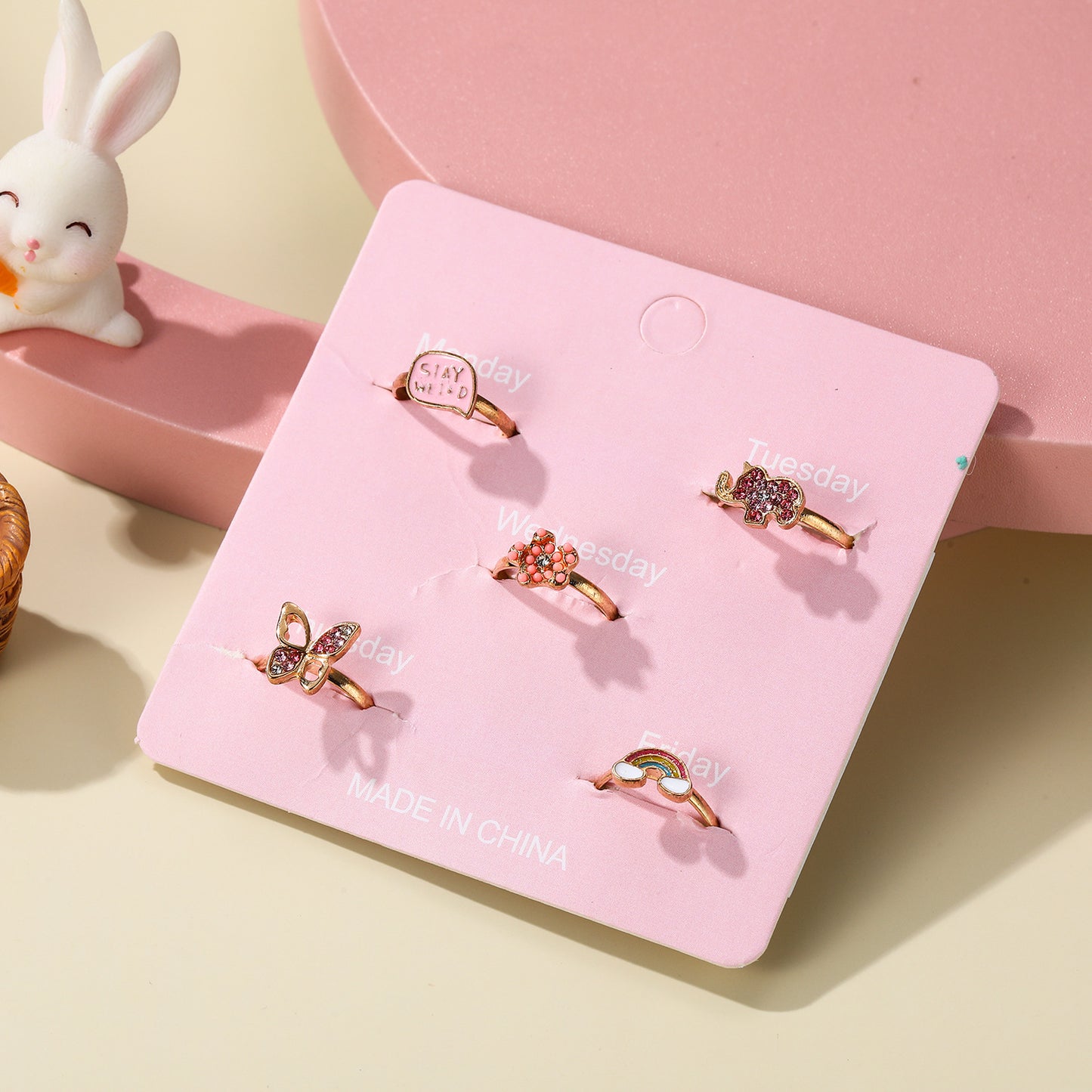 Cute Butterfly-Shaped Alloy Ring Set for Kids with Enamel Finish and Rhinestone Inlay Adjustable Children's Jewelry