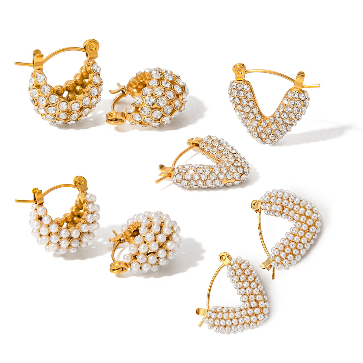 Fashion 18K Gold Plated Stainless Steel Hollow Basket Rhinestone Pearl Earrings for Women