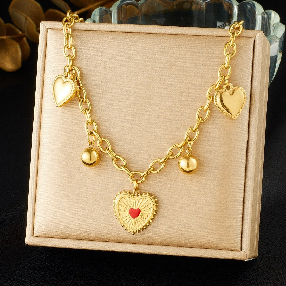 Sweet Gold Plated Heart Floral Hollow Stainless Steel Pendant Necklace Curb Chain