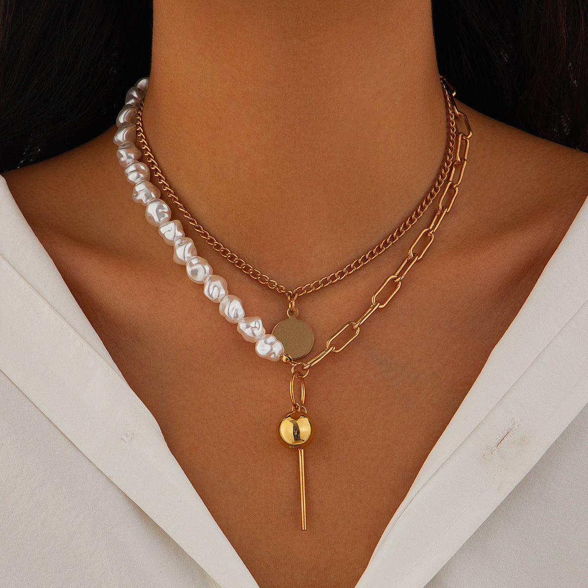 Collar Colgante Geométrico para Mujer Aleación con Galvanoplastia Diseño de Apilamiento Multicapa Forma Irregular Acento de Perla de Imitación