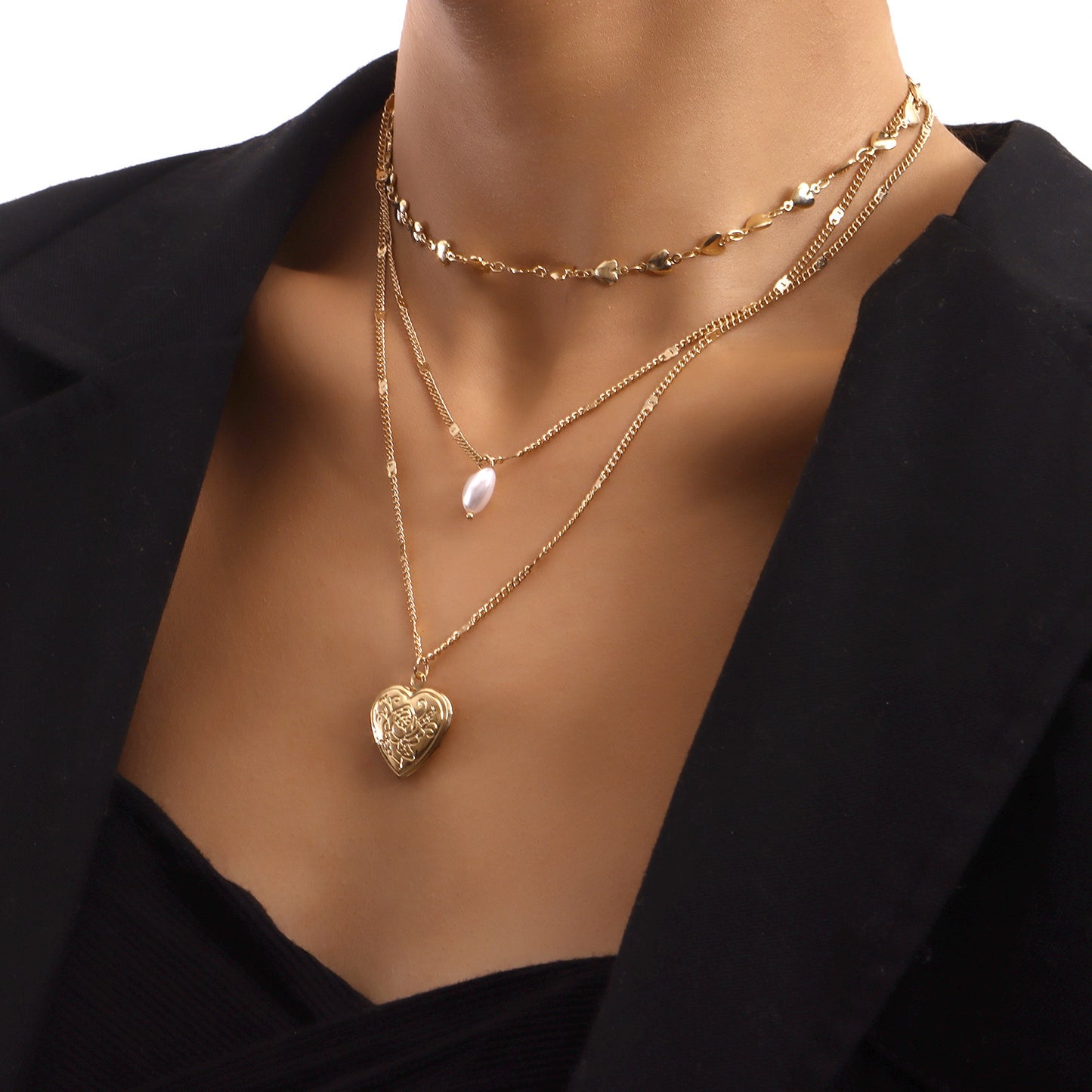 Charming Multi-Layer Heart-Shaped Pendant Necklace with Pearl Accents and Openable Charm for Women in Alloy with Plated Finish