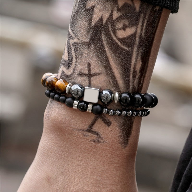 Punk Micro-pavé Cubic Zirconia Skull and Volcanic Stone Bead Bracelet for Unisex