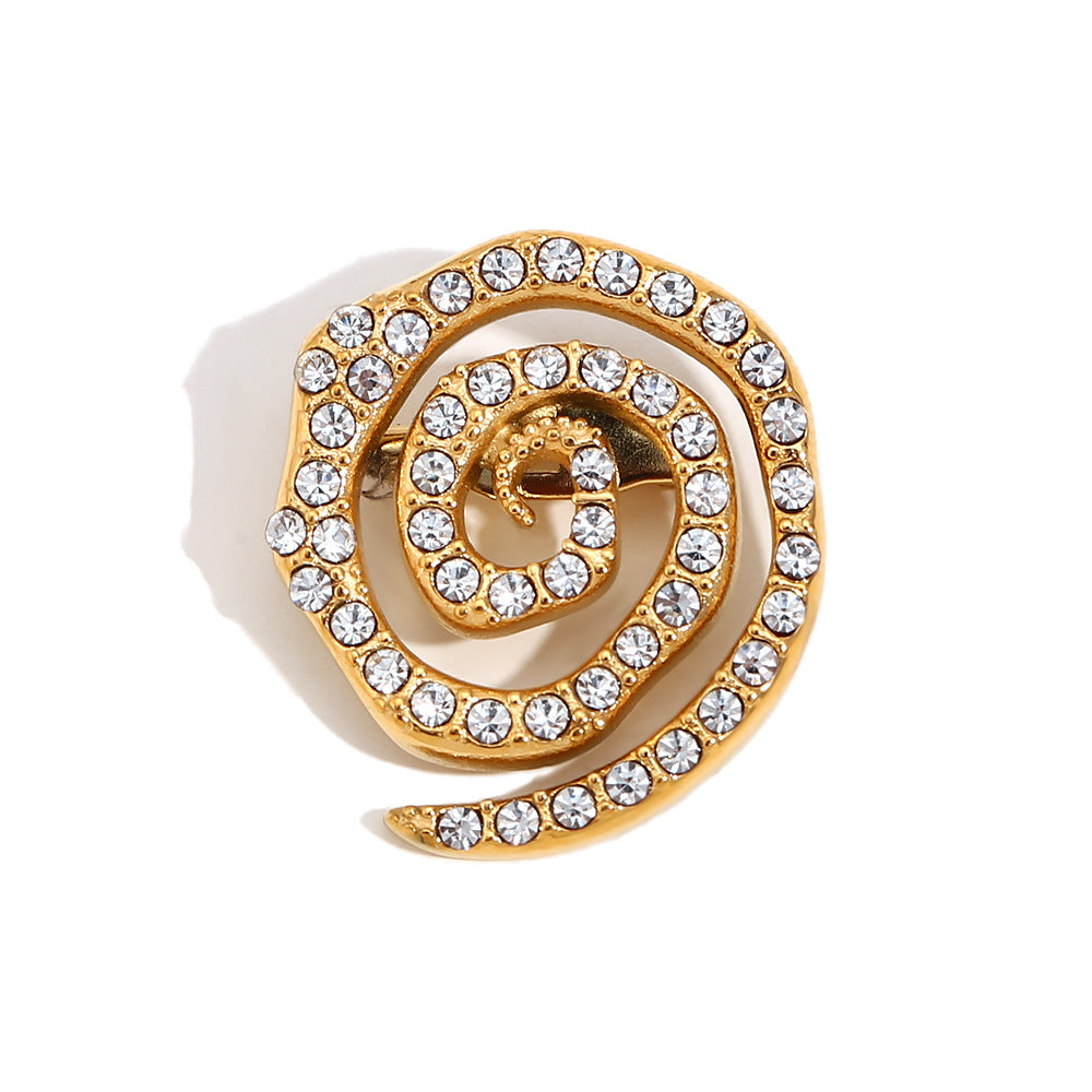 Broche minimalista de espiral geométrica en acero inoxidable con baño de oro de 18 quilates y microincrustaciones de diamantes de imitación blancos