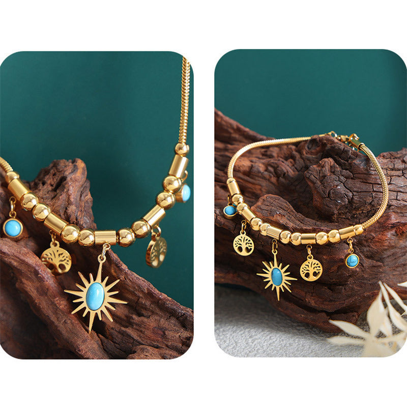 Vintage Casual Star Floral Inlay Turquoise Rhinestone Titanium Steel Necklace for Women