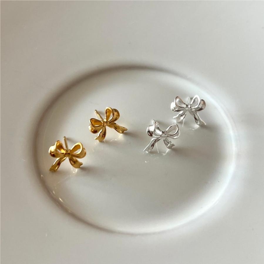 Minimalist Bow Knot Stud Earrings for Women in 925 Sterling Silver with Gold Plating